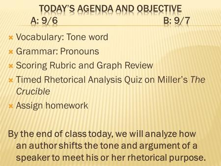 Vocabulary: Tone word Grammar: Pronouns Scoring Rubric and Graph Review Timed Rhetorical Analysis Quiz on Millers The Crucible Assign homework By the end.
