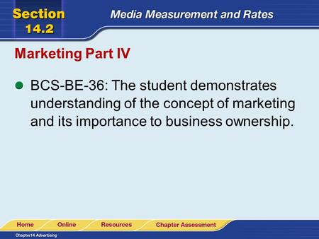 Marketing Part IV BCS-BE-36: The student demonstrates understanding of the concept of marketing and its importance to business ownership.
