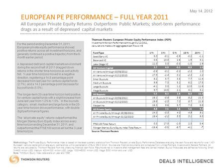 EUROPEAN PE PERFORMANCE – FULL YEAR 2011 All European Private Equity Returns Outperform Public Markets; short-term performance drags as a result of depressed.