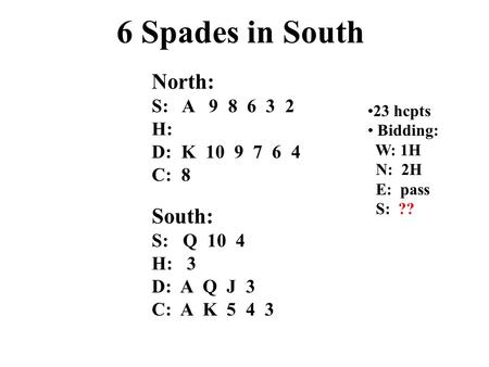 6 Spades in South 23 hcpts Bidding: W: 1H N: 2H E: pass S: ?? North: S: A 9 8 6 3 2 H: D: K 10 9 7 6 4 C: 8 South: S: Q 10 4 H: 3 D: A Q J 3 C: A K 5 4.
