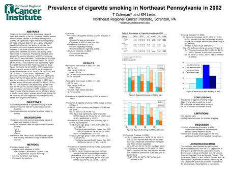Prevalence of cigarette smoking in Northeast Pennsylvania in 2002 T Coleman* and SM Lesko Northeast Regional Cancer Institute, Scranton, PA