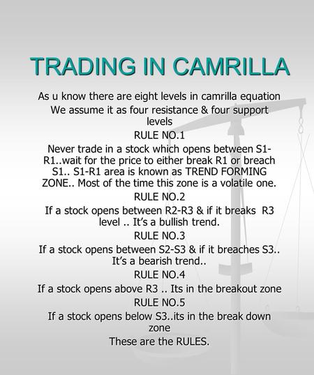 TRADING IN CAMRILLA As u know there are eight levels in camrilla equation We assume it as four resistance & four support levels RULE NO.1 Never trade in.