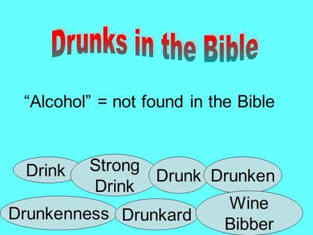 Alcohol = not found in the Bible Drink Strong Drink DrunkDrunken Drunkenness Drunkard Wine Bibber.