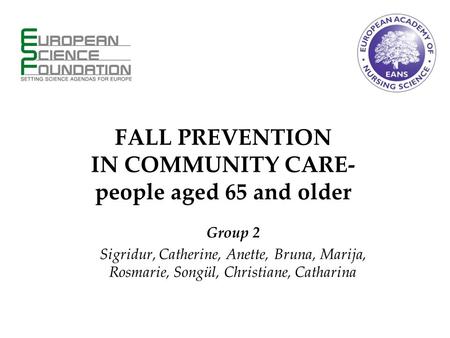 Group 2 Sigridur, Catherine, Anette, Bruna, Marija, Rosmarie, Songül, Christiane, Catharina FALL PREVENTION IN COMMUNITY CARE- people aged 65 and older.