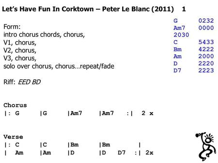 Lets Have Fun In Corktown – Peter Le Blanc (2011) 1 G0232 Am70000 2030 C5433 Bm4222 Am2000 D2220 D72223 Form: intro chorus chords, chorus, V1, chorus,