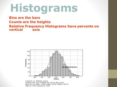 Histograms Bins are the bars Counts are the heights Relative Frequency Histograms have percents on vertical axis.