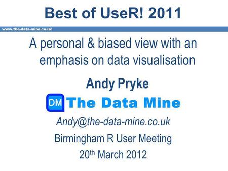 Best of UseR! 2011 A personal & biased view with an emphasis on data visualisation Andy Pryke Birmingham.