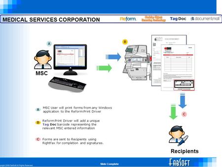 MEDICAL SERVICES CORPORATION Recipients MSC MSC User will print forms from any Windows application to the Reform Print Driver A A B B Reform Print Driver.