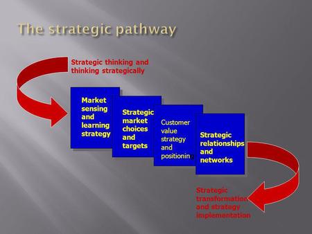 Market sensing and learning strategy Strategic market choices and targets Customer value strategy and positioning Strategic relationships and networks.