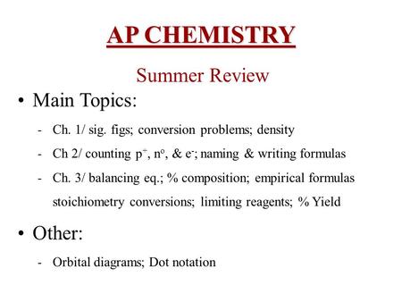 AP CHEMISTRY Summer Review Main Topics: Other: