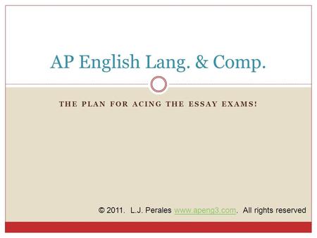 THE PLAN FOR ACING THE ESSAY EXAMS! AP English Lang. & Comp. © 2011. L.J. Perales www.apeng3.com. All rights reservedwww.apeng3.com.