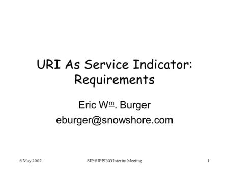 6 May 2002SIP/SIPPING Interim Meeting1 URI As Service Indicator: Requirements Eric W m. Burger