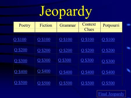 Jeopardy PoetryFictionGrammar Potpourri Q $100 Q $200 Q $300 Q $400 Q $500 Q $100 Q $200 Q $300 Q $400 Q $500 Final Jeopardy Context Clues.