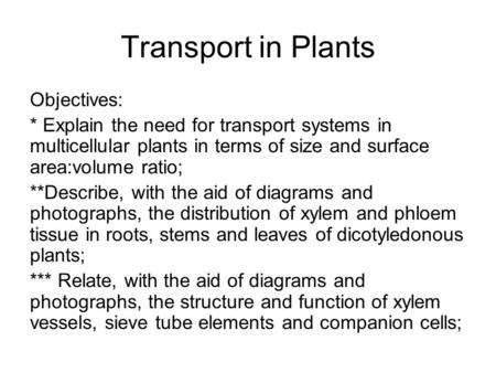 Transport in Plants Objectives:
