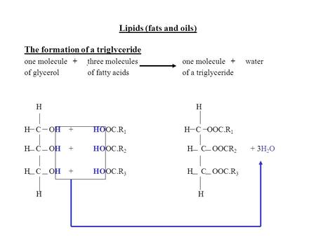 Lipids (fats and oils) The formation of a triglyceride one molecule + three moleculesone molecule +water of glycerolof fatty acidsof a triglyceride H H.