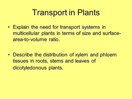 Transport in Plants Explain the need for transport systems in multicellular plants in terms of size and surface- area-to-volume ratio. Describe the distribution.