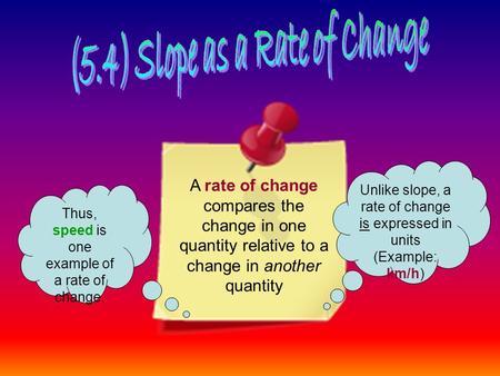 A rate of change compares the change in one quantity relative to a change in another quantity Unlike slope, a rate of change is expressed in units (Example: