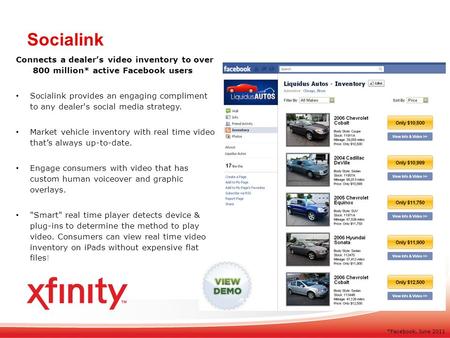 Connects a dealers video inventory to over 800 million* active Facebook users Socialink provides an engaging compliment to any dealer's social media strategy.
