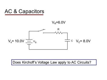 AC & Capacitors Does Kirchoffs Voltage Law apply to AC Circuits? V R =6.0V V C = 8.0VV s = 10.0V.