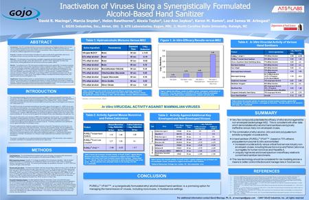 Inactivation of Viruses Using a Synergistically Formulated Alcohol-Based Hand Sanitizer David R. Macinga 1, Marcia Snyder 1, Helen Rawthorne 3, Alexia.