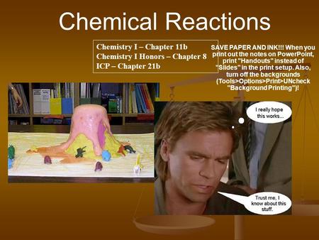 Chemical Reactions Chemistry I – Chapter 11b Chemistry I Honors – Chapter 8 ICP – Chapter 21b SAVE PAPER AND INK!!! When you print out the notes on PowerPoint,