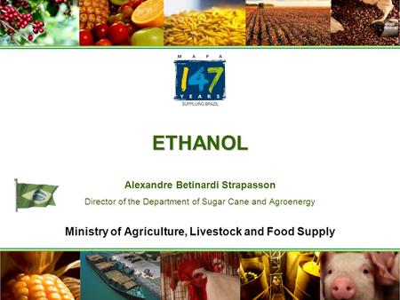 ETHANOL ETHANOL Alexandre Betinardi Strapasson Director of the Department of Sugar Cane and Agroenergy Ministry of Agriculture, Livestock and Food Supply.