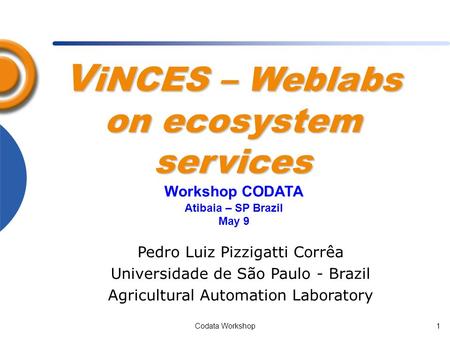 Codata Workshop1 V iNCES – Weblabs on ecosystem services Pedro Luiz Pizzigatti Corrêa Universidade de São Paulo - Brazil Agricultural Automation Laboratory.