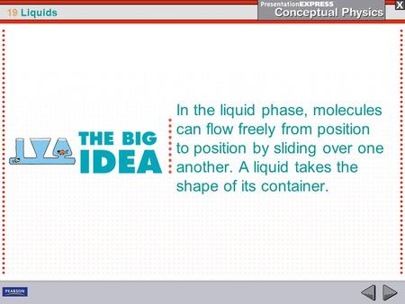 In the liquid phase, molecules can flow freely from position to position by sliding over one another. A liquid takes the shape of its container.