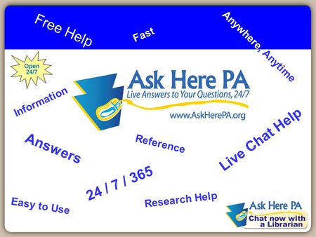 1 Free Help Live Chat Help 24 / 7 / 365 Anywhere, Anytime Answers Reference Research Help Information Easy to Use Fast.