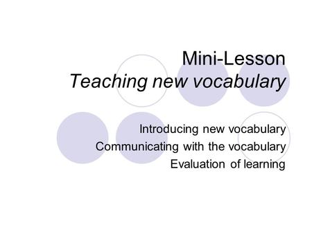 Mini-Lesson Teaching new vocabulary Introducing new vocabulary Communicating with the vocabulary Evaluation of learning.
