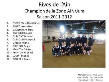 Rives de lAin Champion de la Zone AIN/Jura Saison 2011-2012 1.NICOD Marc (Capitaine) 2.BILLET Jean-Marc 3.CAVILLON Andrew 4.CUVELIER Claude 5.DUMONT Laurent.