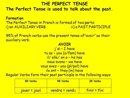 THE PERFECT TENSE The Perfect Tense is used to talk about the past. Formation The Perfect Tense in French is formed of two parts: i) an AUXILIARY VERBii)