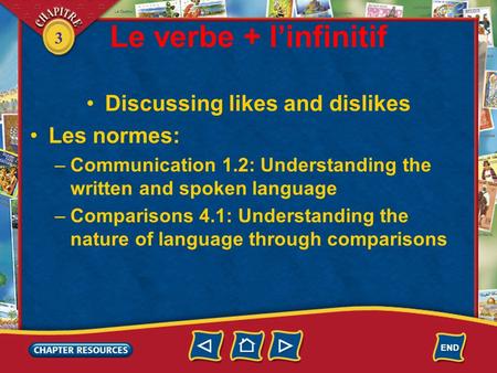 3 Le verbe + linfinitif Discussing likes and dislikes Les normes: –Communication 1.2: Understanding the written and spoken language –Comparisons 4.1: Understanding.