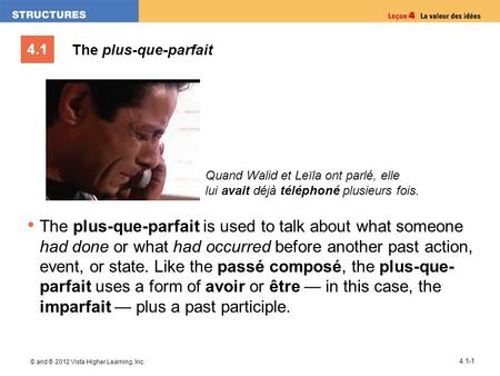 4.1 © and ® 2012 Vista Higher Learning, Inc. 4.1-1 The plus-que-parfait The plus-que-parfait is used to talk about what someone had done or what had occurred.