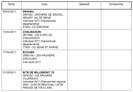 03/04/2011DRAVEIL 2591024 - ARCHERS DE DRAVEIL SENART VAL DE SEINE Individuel 2011 Championnat départemental 91000 - CD ESSONNE 10/04/2011CHALMAISON 2677099.