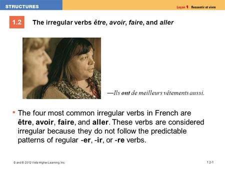 1.2 © and ® 2012 Vista Higher Learning, Inc. 1.2-1 The irregular verbs être, avoir, faire, and aller The four most common irregular verbs in French are.