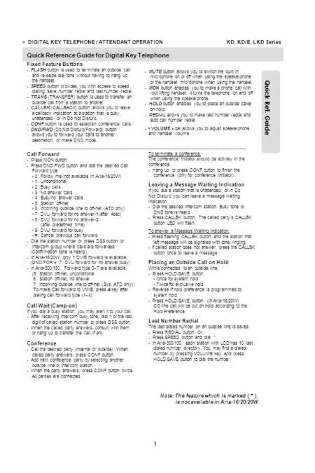 Quick Ref. Guide Quick Reference Guide for Digital Key Telephone