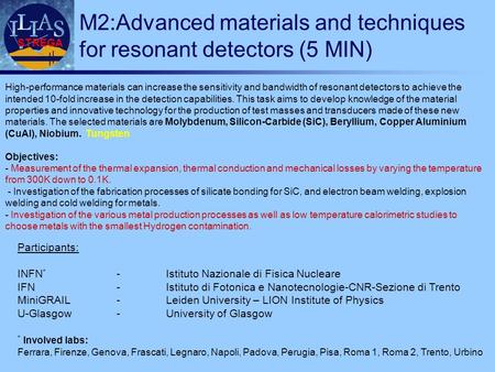 STREGA M2:Advanced materials and techniques for resonant detectors (5 MIN) Participants: INFN * -Istituto Nazionale di Fisica Nucleare IFN-Istituto di.