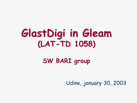 GlastDigi in Gleam (LAT-TD 1058) GlastDigi in Gleam (LAT-TD 1058) SW BARI group Udine, january 30, 2003.
