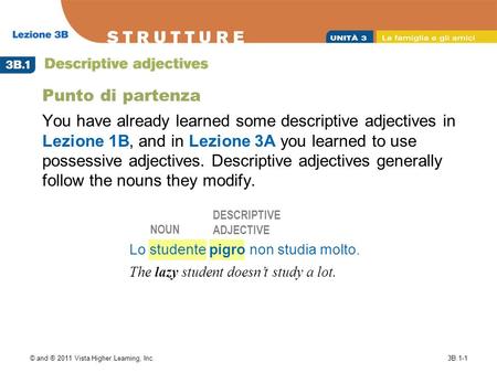 © and ® 2011 Vista Higher Learning, Inc.3B.1-1 Punto di partenza You have already learned some descriptive adjectives in Lezione 1B, and in Lezione 3A.