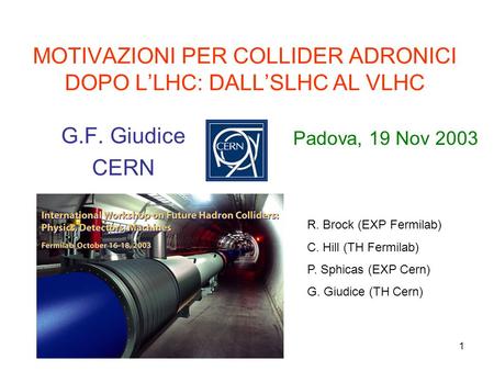 1 MOTIVAZIONI PER COLLIDER ADRONICI DOPO LLHC: DALLSLHC AL VLHC G.F. Giudice CERN R. Brock (EXP Fermilab) C. Hill (TH Fermilab) P. Sphicas (EXP Cern) G.