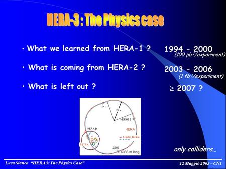 Luca Stanco HERA 3: The Physics Case 12 Maggio 2003 – CN1 What we learned from HERA-1 ? What is coming from HERA-2 ? What is left out ? 1994 - 2000 2003.