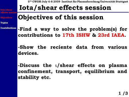 -Find a way to solve the problem(s) for contributions to 17th ISHW & 23rd IAEA. -Show the reciente data from various devices. -Discuss the /shear effects.