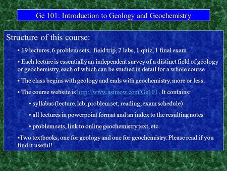 Ge 101: Introduction to Geology and Geochemistry
