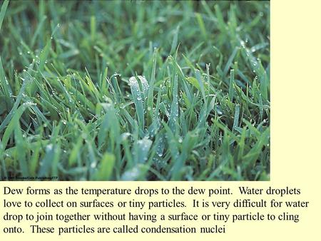Dew forms as the temperature drops to the dew point. Water droplets love to collect on surfaces or tiny particles. It is very difficult for water drop.