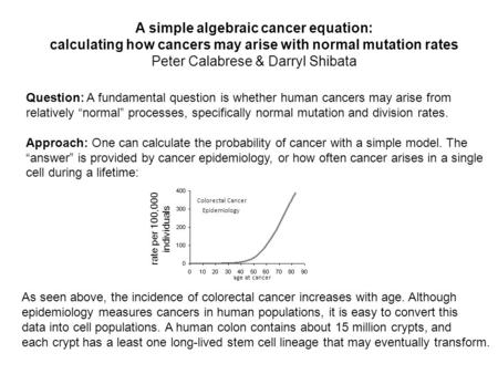 A simple algebraic cancer equation: calculating how cancers may arise with normal mutation rates Peter Calabrese & Darryl Shibata Question: A fundamental.