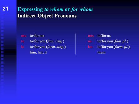 Indirect Object Pronouns Expressing to whom or for whom Indirect Object Pronouns meto/for menosto/for us teto/for you (fam. sing.)osto/for you (fam. pl.)