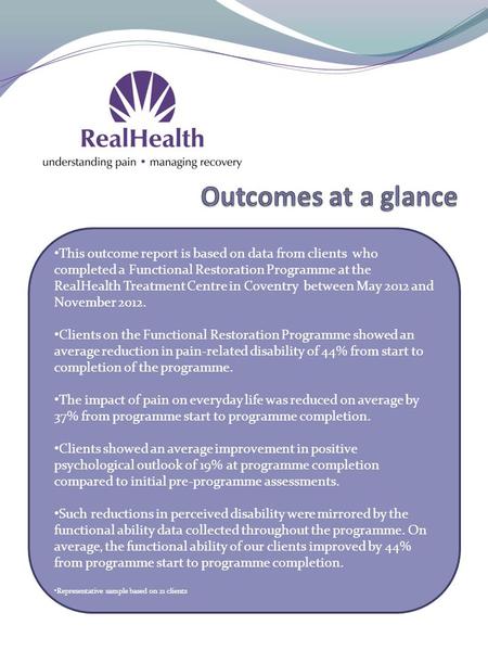 This outcome report is based on data from clients who completed a Functional Restoration Programme at the RealHealth Treatment Centre in Coventry between.
