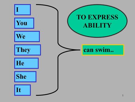 1 I You We They He She It can swim.. TO EXPRESS ABILITY.