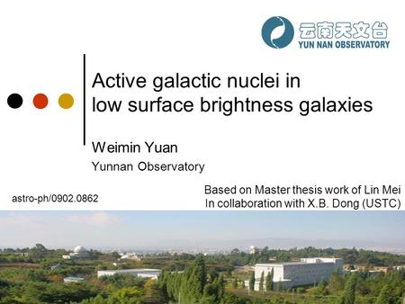 Active galactic nuclei in low surface brightness galaxies Weimin Yuan Yunnan Observatory Based on Master thesis work of Lin Mei In collaboration with X.B.